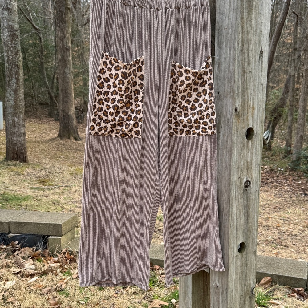 Lovely Melody Tan high waisted Wide Leg Pants with Leopard Pockets